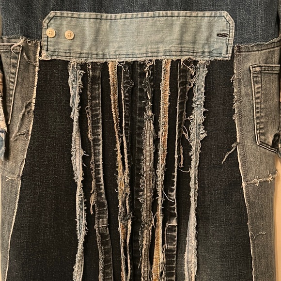 Handmade upcycled boho fringe and crochet patched tattered denim duster jacket - Picture 13 of 17